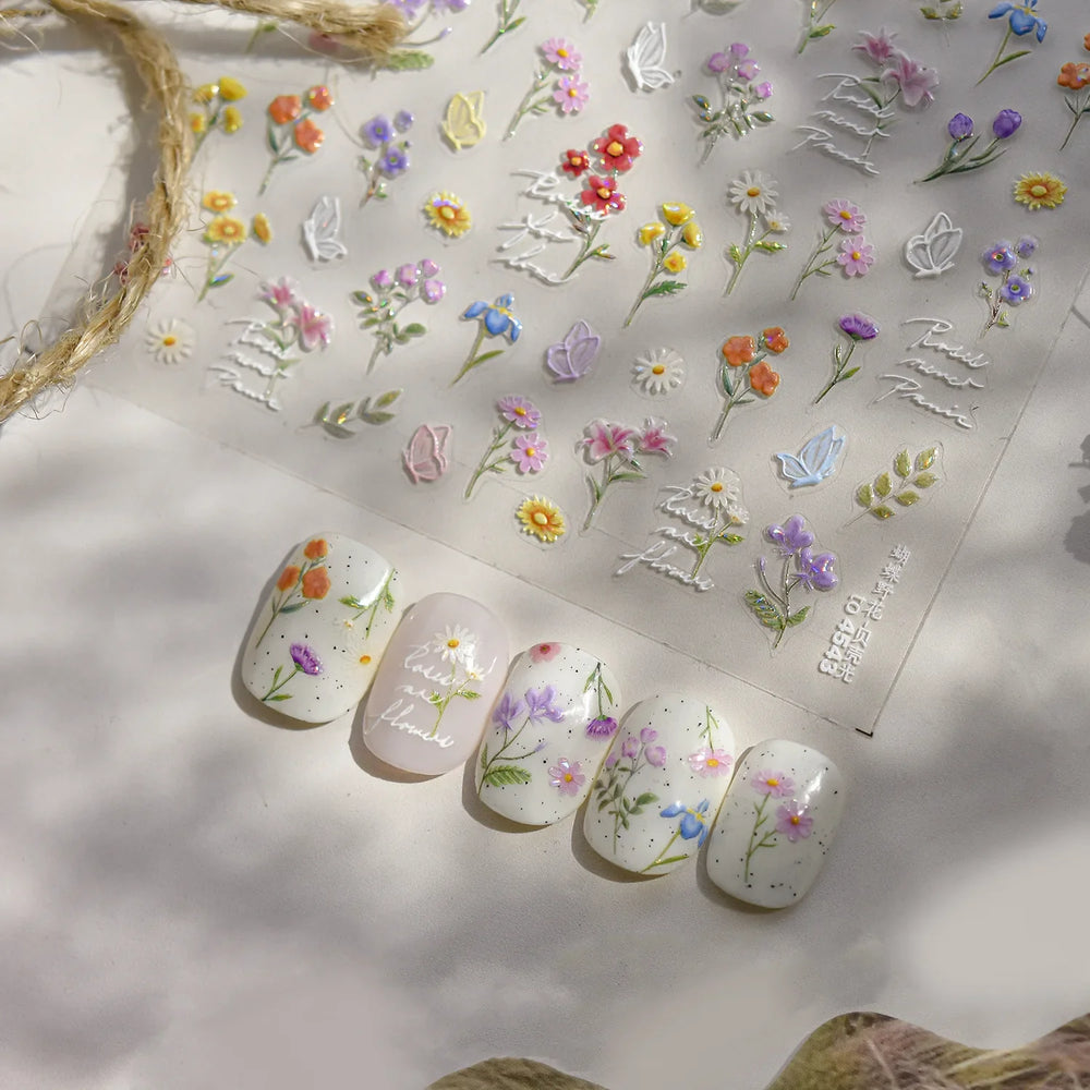 Dried Flower Lavender Bowknot Peony Pomegranate Flowers Bouquet Rose Chic Reliefs Self Adhesive Nail Art Stickers Manicure Decal (ONLINE ORDER ONLY)
