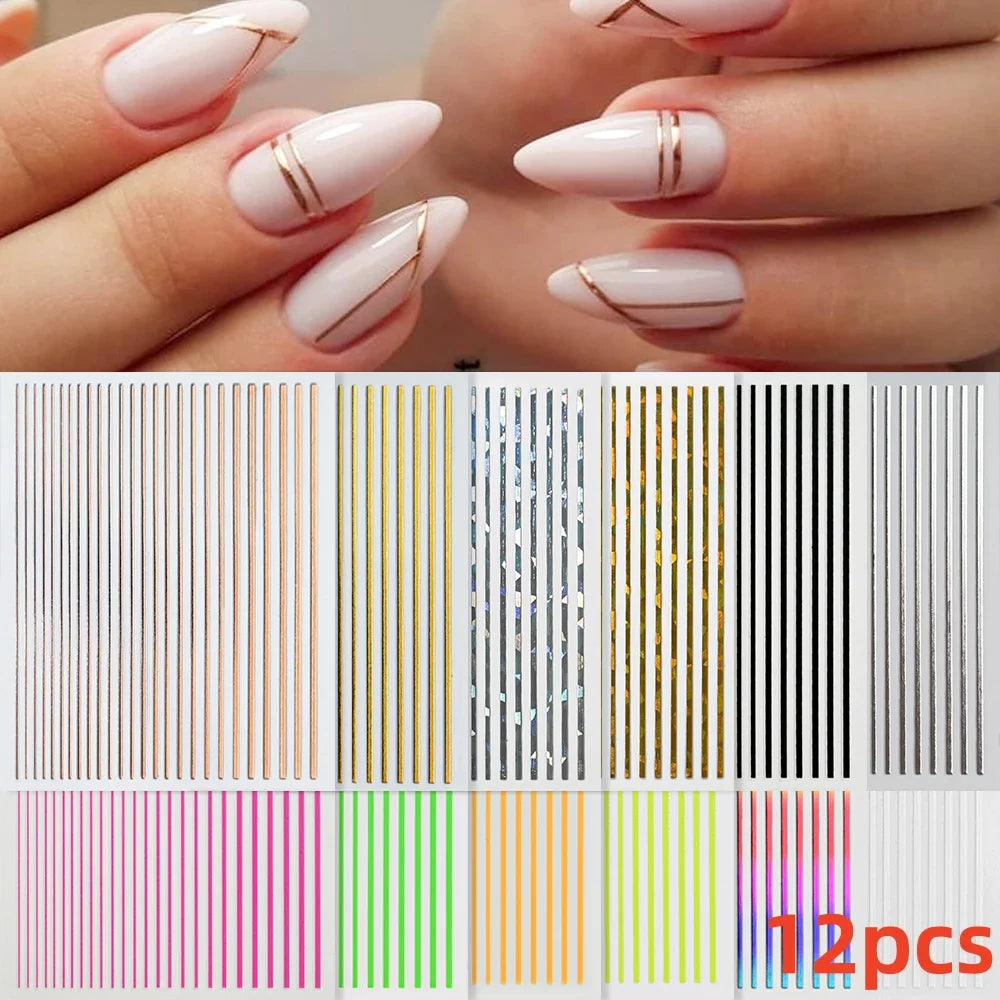 12Pcs 3D Golden Red Glitter Heart Love Nail Sticker Valentine Self Adhesive Cartoon Decal Geometry Lines Stripe Slider Manicure* (ONLINE ORDER ONLY)