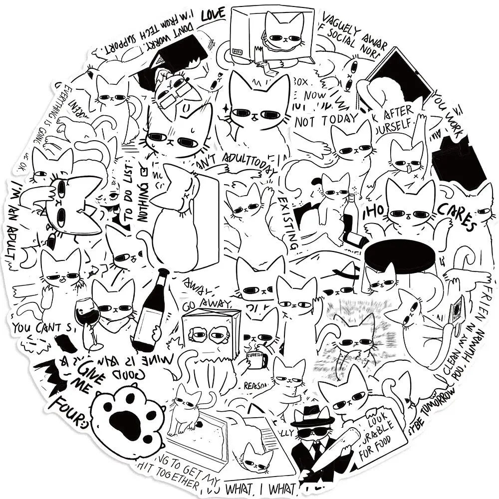 10/50pcs Cute Funny Cat Meme Stickers Black White Brief Strokes Cats Decals DIY Fridge Laptop Luggage Skateboard Bike Sticker (Online Order Only)