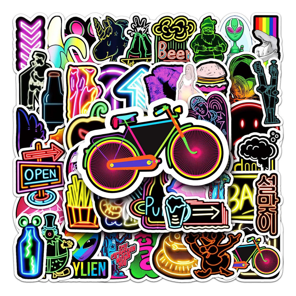 50Pcs Neon Cartoon Waterproof Vinyl Stickers for Skateboard Snowboard (Online Order Only)