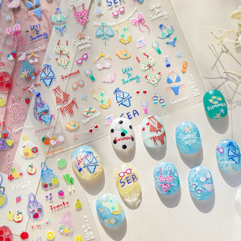Colorful Swimsuit Bikini Fresh String Bag Vegetables Fruits Summer Beach Underwear Sunscreen Nail Art Stickers Manicure Decals (ONLINE ORDER ONLY)