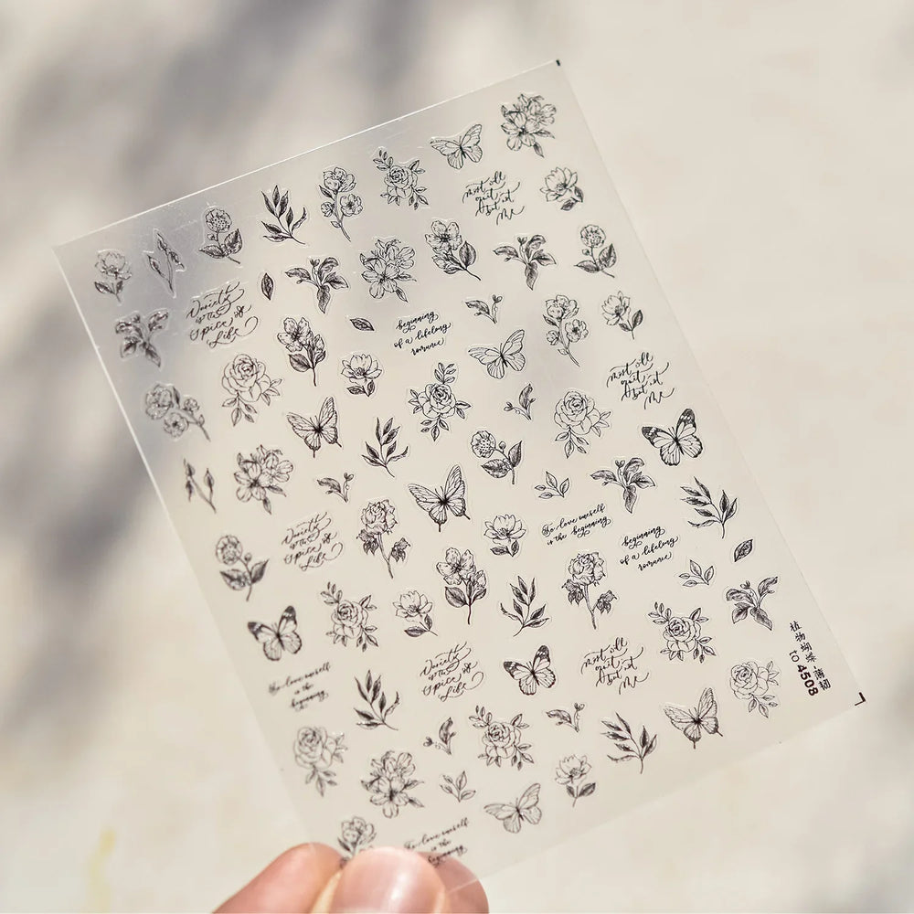 Flower Bowknot Butterfly Plant Leaf English Letter Rose Hand Drawn Embossed Relief Self Adhesive Nail Art Sticker Manicure Decal (ONLINE ORDER ONLY)