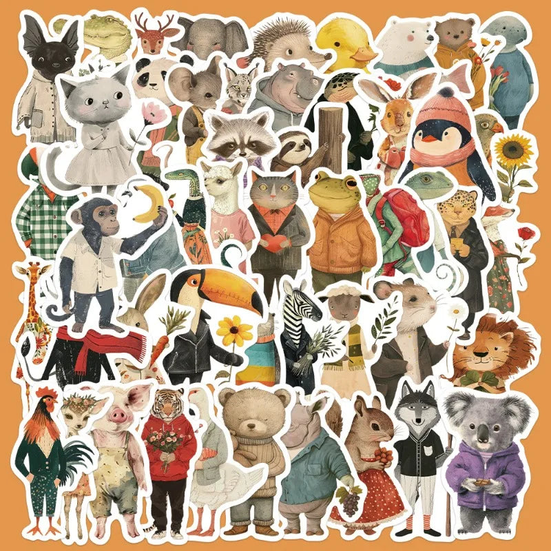 50pcs Retro Cartoon Animal Stickers for Helmet, Wall, DIY Decor (ONLINE ORDER ONLY)