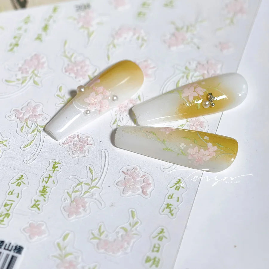 Mountain Flower Peach Blossom Vibrant Flowers Green Leaves Antique Chic Self Adhesive Nail Art Stickers Spring 3D Manicure Decal (ONLINE ORDER ONLY)