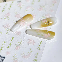 Mountain Flower Peach Blossom Vibrant Flowers Green Leaves Antique Chic Self Adhesive Nail Art Stickers Spring 3D Manicure Decal (ONLINE ORDER ONLY)