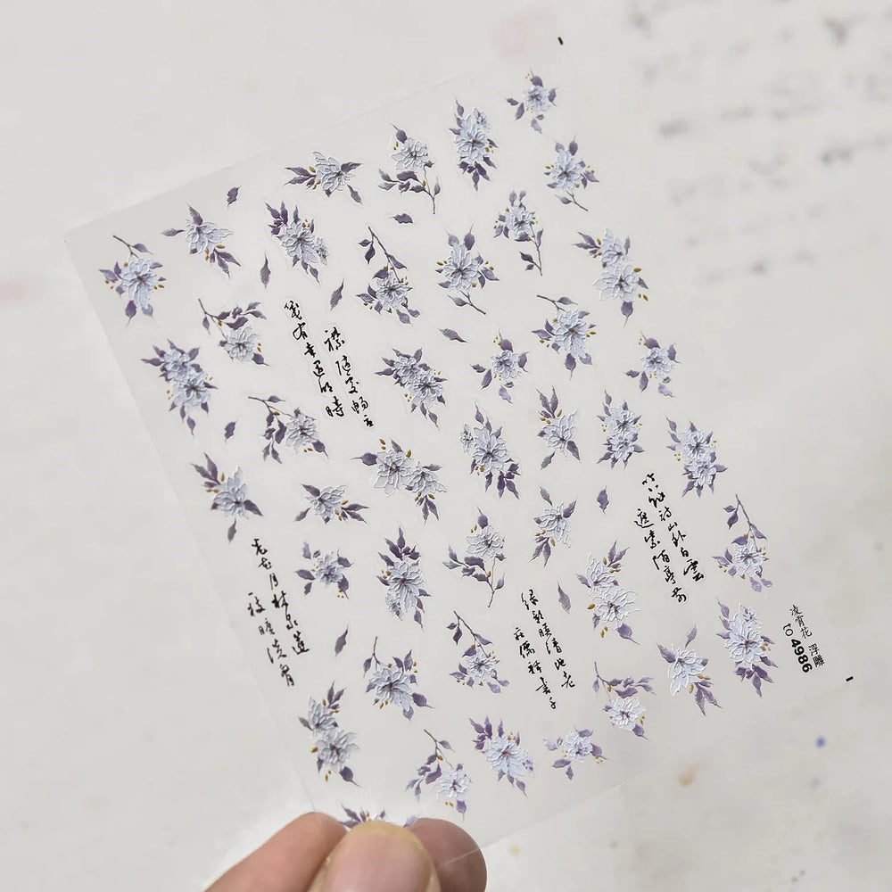 Trumpet Creeper White Flower Purple Leaves Antique Special Characters 5D Soft Relief Adhesive Nail Art Stickers Manicure Decals (ONLINE ORDER ONLY)