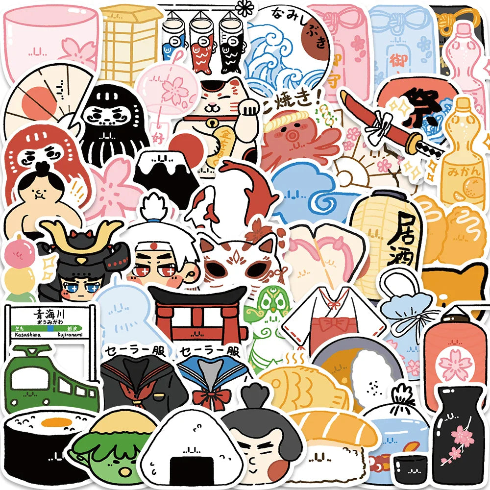 50Pcs Japanese Style Stickers Peace Amulet Carp Streamer Aesthetic Decals Graffiti Stickers Waterproof Skateboard Laptop Kid Toy (ONLINE ORDER ONLY)