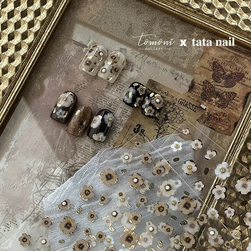 Retro Flowers Petal Pearl Rhinestones Halo Dyeing Chic Daisy Vintage Gold Foil  Floral Designs Nail Art Stickers Manicure Decals (ONLINE ORDER ONLY)