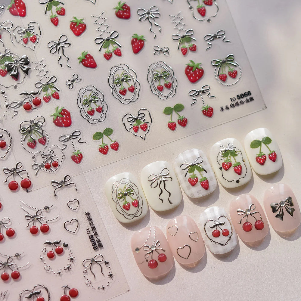 Lovely Red Fruit Strawberry Cherry Bowknot Love Heart Star Silk Ribbon Chic Rhinestone Adhesive Nail Art Stickers Manicure Decal (ONLINE ORDER ONLY)