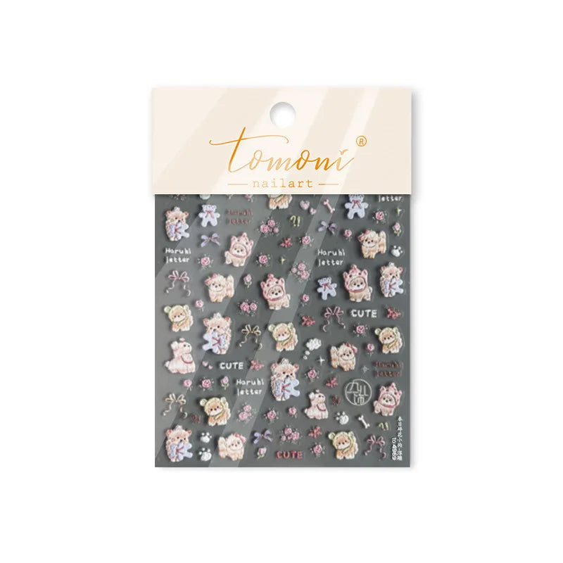 Spring Dog Bear Toy Rose Flower Floral Print Letter Bone Butterfly Cat Puppy Relief Adhesive Nail Art Stickers Manicure Decals (Online Order Only)