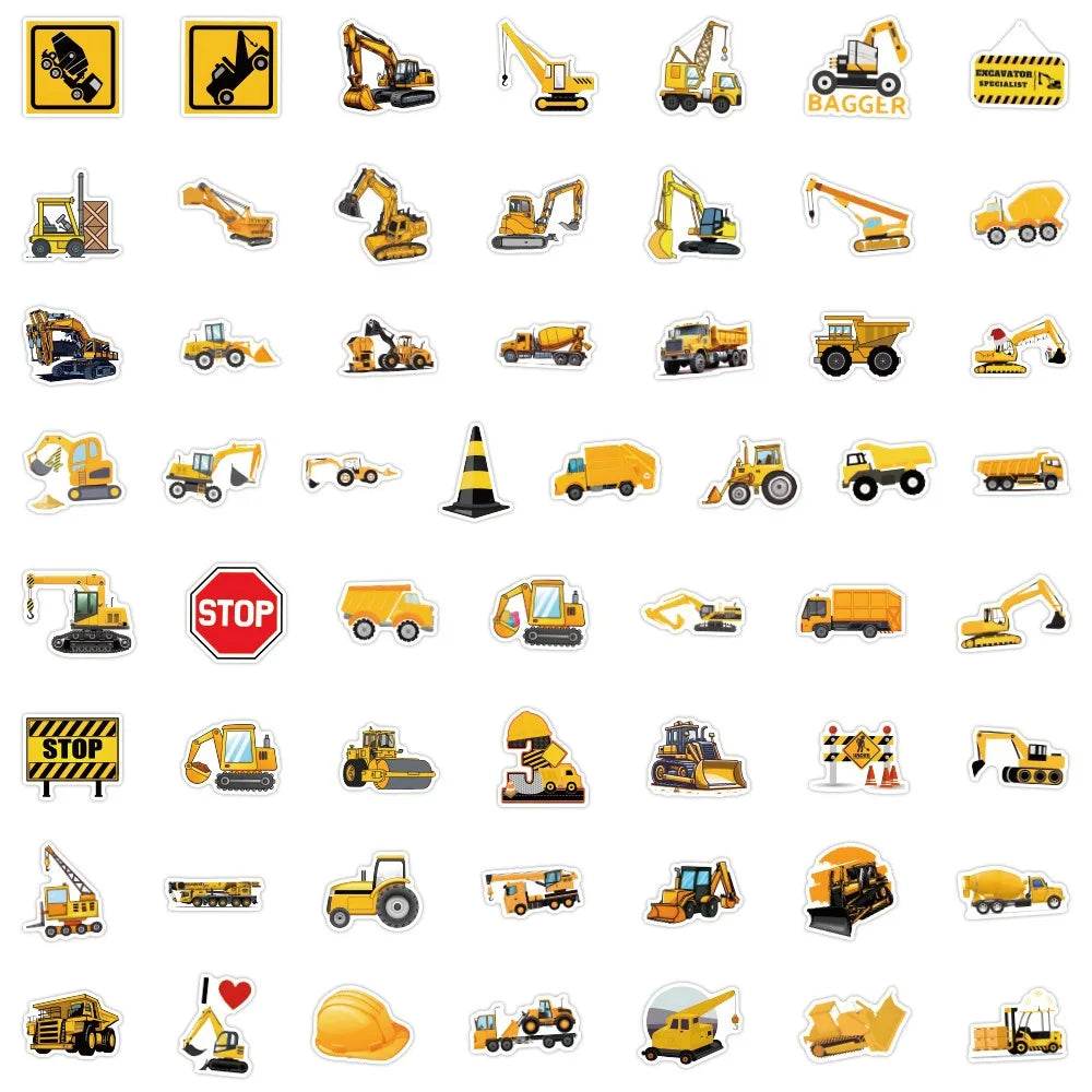 10/55Pcs Cartoon Large Mechanical Vehicle Excavator Construction Truck Waterproof Creative Tractor Bulldozer Graffiti Toy Decals (ONLINE ORDER ONLY)