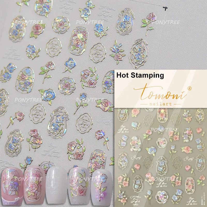 Chic Romantic Red White Flower Hot Stamping 5D Self Adhesive Nail Art Stickers Shiny Dreamy Camellia Rhinestone Manicure Decals (ONLINE ORDER ONLY)