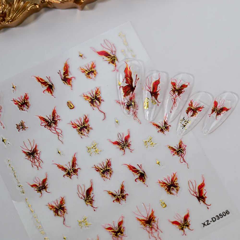 1pc Dark Red Butterfly Nail Art Stickers Retro Luxury Self Adhesive  Slider Holographic Glitter DIY 3D Nail Art Decal Decoration (ONLINE ORDER ONLY)