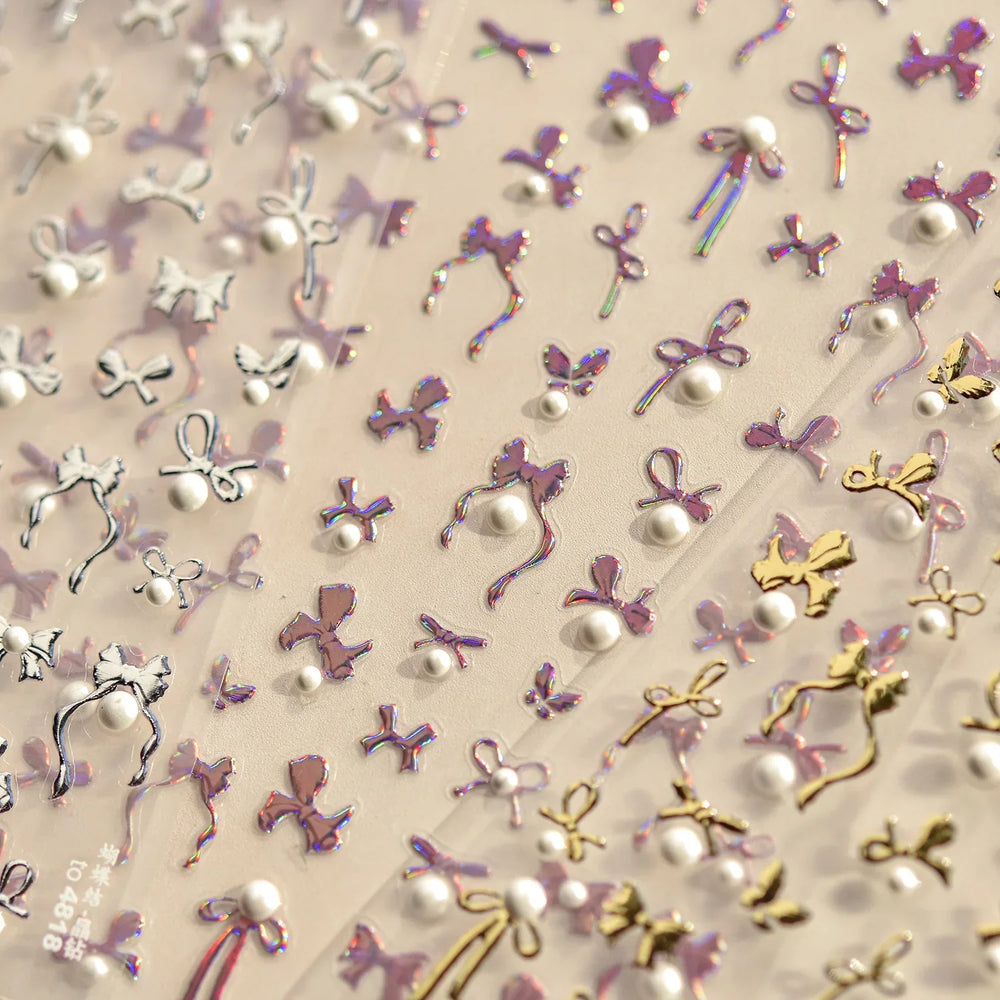 Simple Line Bowknot Red Gold Silver Laser Pink Hot Stamping 3D Self Adhesive Nail Art Stickers Pearl Rhinestone Manicure Decals (ONLINE ORDER ONLY)
