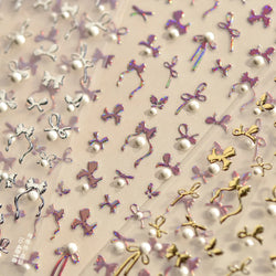 Simple Line Bowknot Red Gold Silver Laser Pink Hot Stamping 3D Self Adhesive Nail Art Stickers Pearl Rhinestone Manicure Decals (ONLINE ORDER ONLY)