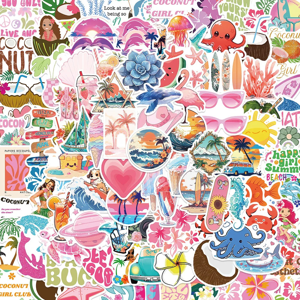 50PCS Waterproof Summer Coconut Stickers for Laptop, Phone, Diary, Planner (Online Order Only)