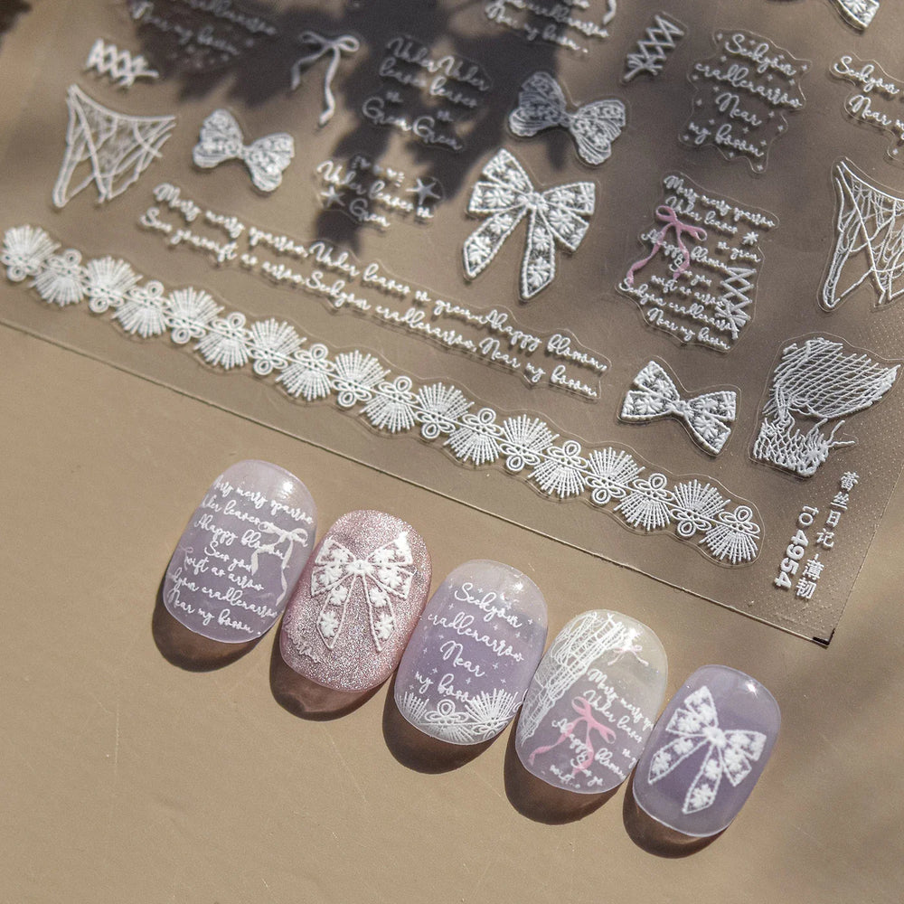 Retro White Lace Bandage Line Bowknot Irregular Fabric Cording Square Calligraphy Adhesive Nail Art Sticker 3D Manicure Decals (ONLINE ORDER ONLY)