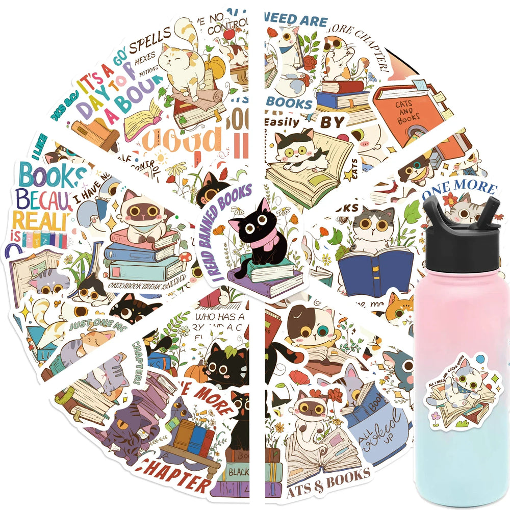 60Pcs Cat and Book with Motivational Phrase Sticker Pack DIY Scrapbook Decorative Stickers For Water Bottle Car Cup Computer (Online Order Only)