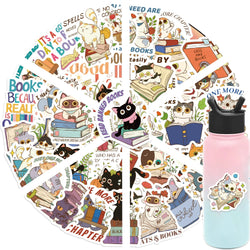 60Pcs Cat and Book with Motivational Phrase Sticker Pack DIY Scrapbook Decorative Stickers For Water Bottle Car Cup Computer (Online Order Only)