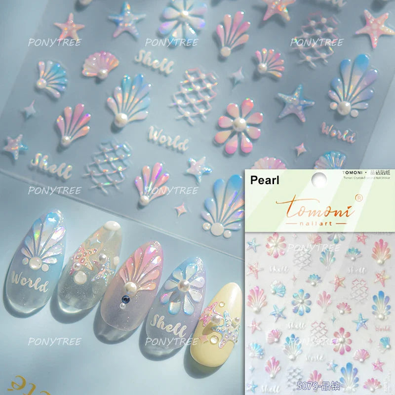Marine Shell Starfish Ocean Elements Pearl Star Fishing Net Colourful Underwater Organisms 5D Nail Art Stickers Manicure Decals (Online Order Only)