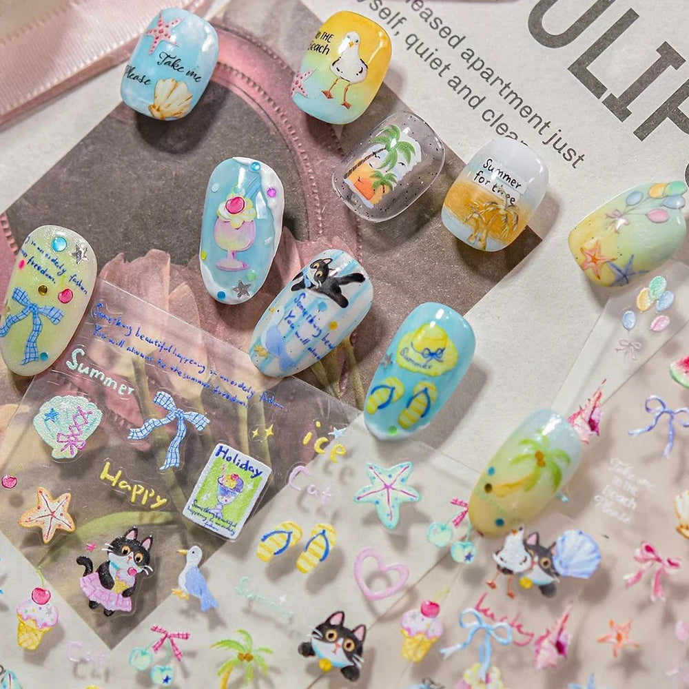 Summer Beach Bikini Watermelon Hat Sandals Ice Cream Shell Conch Starfish Cat Duck Nail Art Decoration Stickers Manicure Decals (ONLINE ORDER ONLY)
