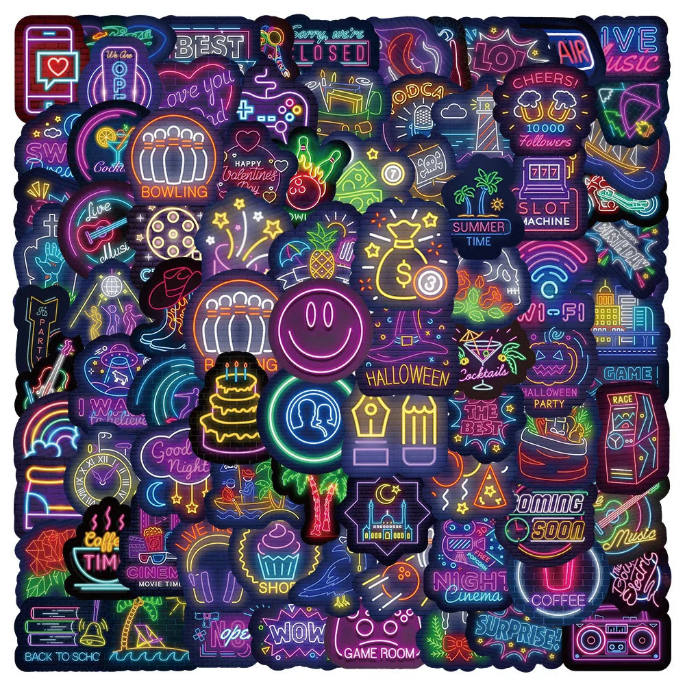 10/30/50/100pcs Cute Neon Light Cartoon Graffiti Stickers Laptop Scrapbook Luggage Car Phone Bike Decoration Sticker Kids Toys (Online Order Only)
