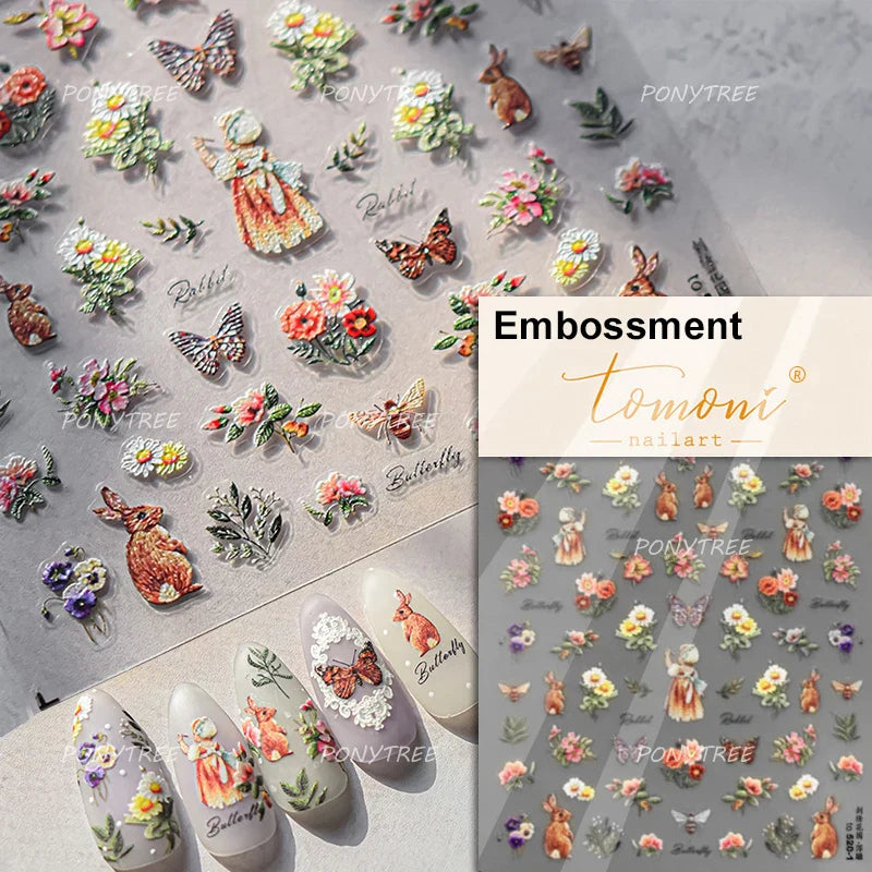Embossed Shiny Vigor Sunflower Turnsole Vitality Butterfly Daisy Oil Painting Plant 5D Adhesive Nail Art Sticker Manicure Decals (ONLINE ORDER ONLY)