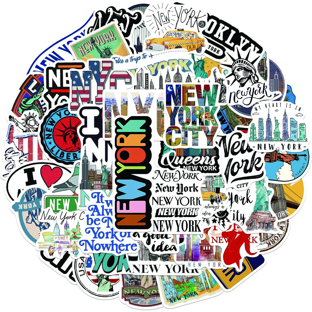 50Pcs New York Stickers America Kawaii Cartoon Decal For Skateboard Bicycle Guitar Laptop Kids Waterproof Stiker Toys (ONLINE ORDER ONLY)