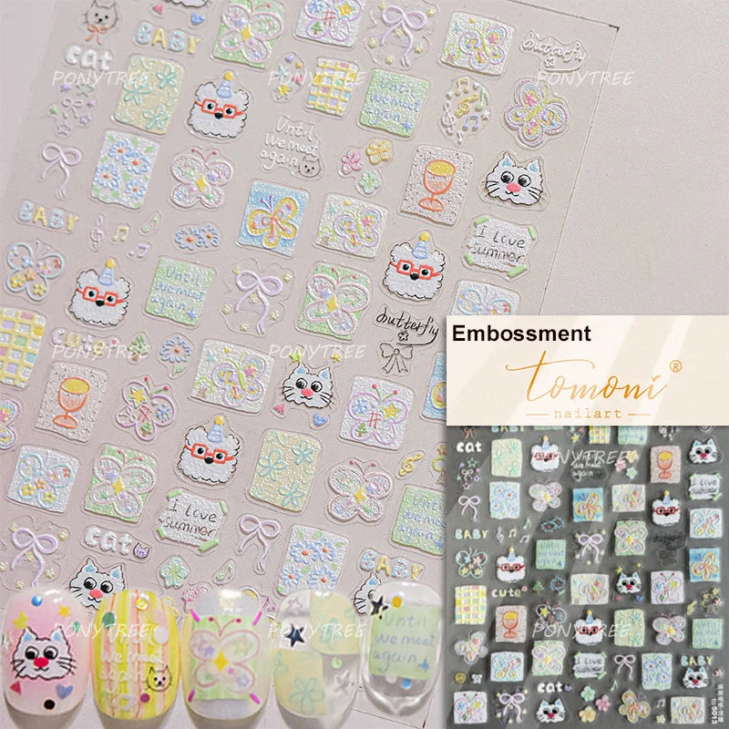 Cute Little Cat Colourful Flower Bowknot Umbrella Rain Boot Paintings Paper Boat Daisy Duckling Nail Art Sticker Manicure Decals (ONLINE ORDER ONLY)