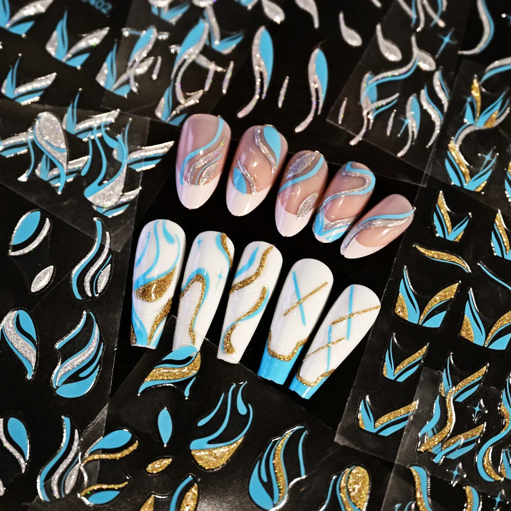 6pcs/Set Blue Gold Glitter French Design 5D Nail Stickers Curve Lines Swirls Wave Nail Sliders Reflective Flakes Decals Manicure (ONLINE ORDER ONLY)