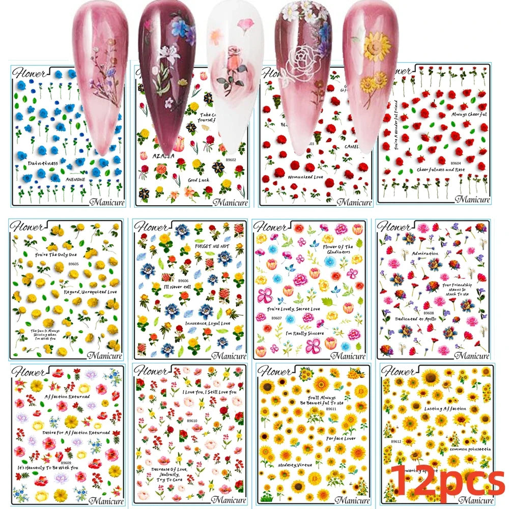12Pcs 3D Golden Red Glitter Heart Love Nail Sticker Valentine Self Adhesive Cartoon Decal Geometry Lines Stripe Slider Manicure* (ONLINE ORDER ONLY)