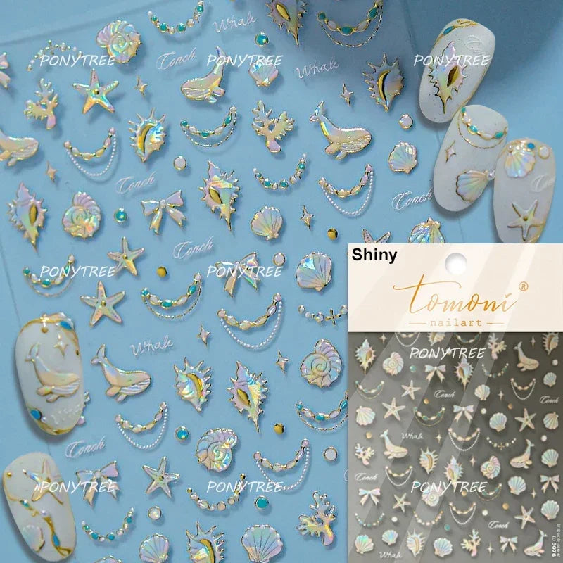 Halo Dyeing Ocean Shell Conch Starfish Pearl Love Heart Bowknot Jellyfish Adhesive Nail Art Stickers Manicure Decals Wholesale (ONLINE ORDER ONLY)
