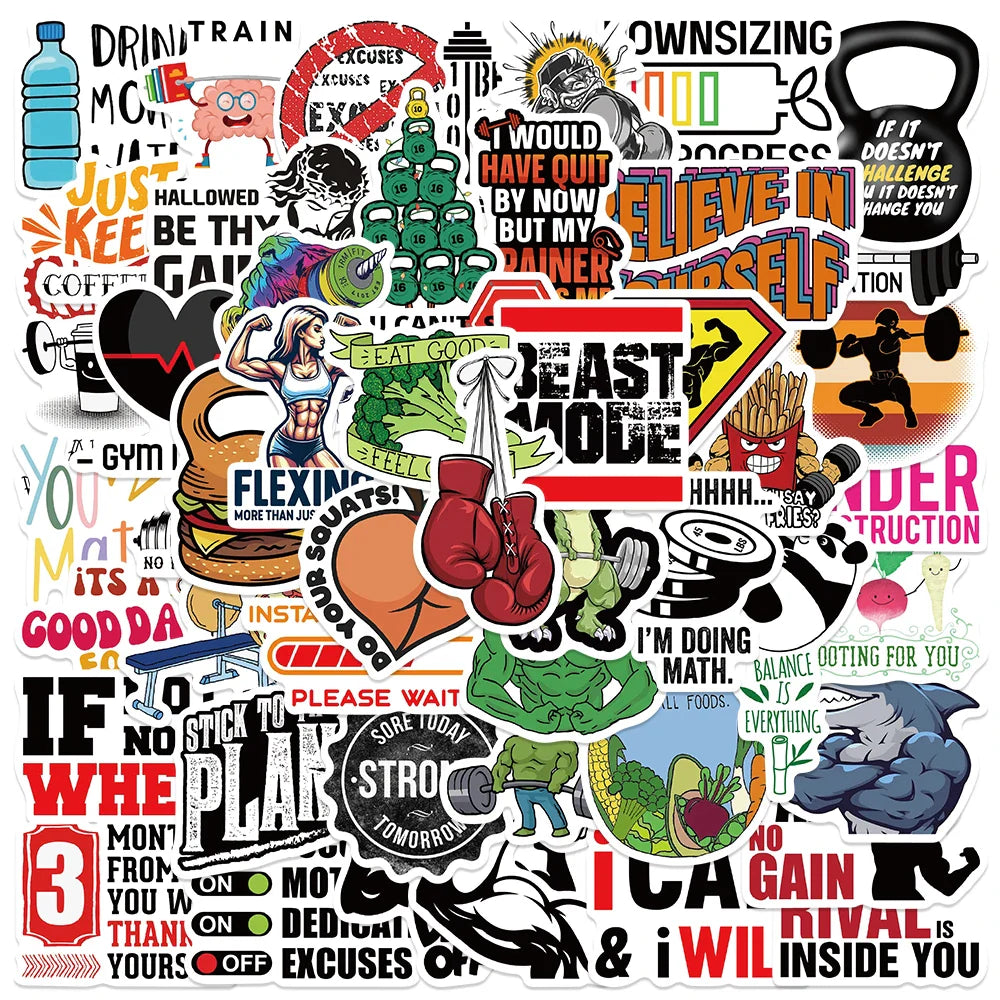 50pcs Funny Cartoon Sports Gym Fitness Stickers Motivational Sticker For Luggage Laptop Guitar Waterproof Vinyl Phone Decals (Online Order Only)