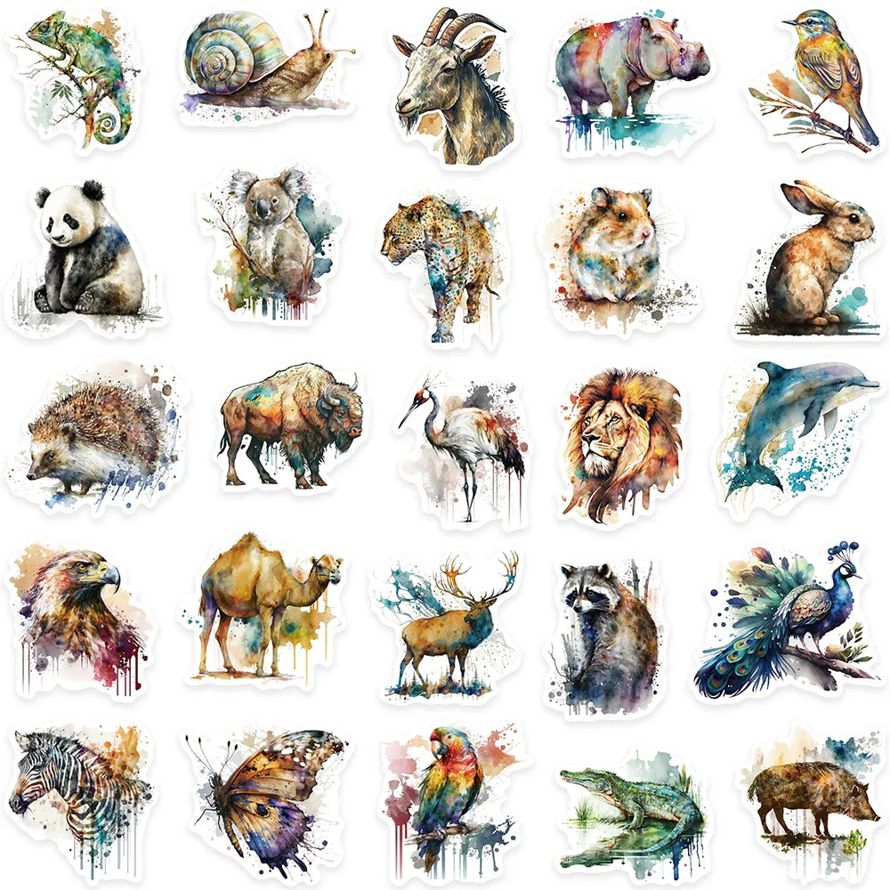 50pcs Aesthetic Watercolor Painting Animals Stickers For Laptop Water Bottle Luggage Guitar Waterproof Graffiti Vinyl Decals (ONLINE ORDER ONLY)