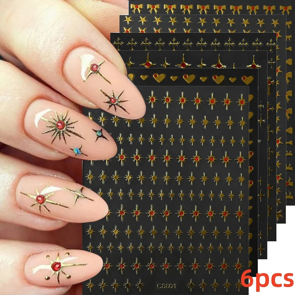 6pcs Mirror Silver Star 3D Nail Sticker Holographic Heart/Moon/Cross Design Self-Adhesive Decal Manicure Art Supplies Decoration (ONLINE ORDER ONLY)
