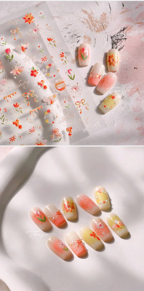 Vivid Honey Bee Ribbon Bowknot Pot Daisy Wreath Flower Shining Tulip Honeycomb Jar Self Adhesive Nail Art Sticker Manicure Decal (ONLINE ORDER ONLY)