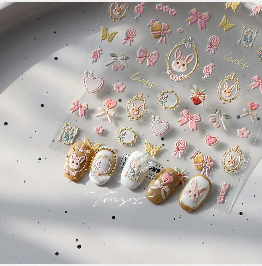 Cute Rabbit Fan Peach Blossom Teacup Lollipop Strawberry Star Cherry Hat Soft Embossed Adhesive Nail Art Stickers Manicure Decal (ONLINE ORDER ONLY)
