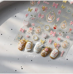 Cute Rabbit Fan Peach Blossom Teacup Lollipop Strawberry Star Cherry Hat Soft Embossed Adhesive Nail Art Stickers Manicure Decal (ONLINE ORDER ONLY)