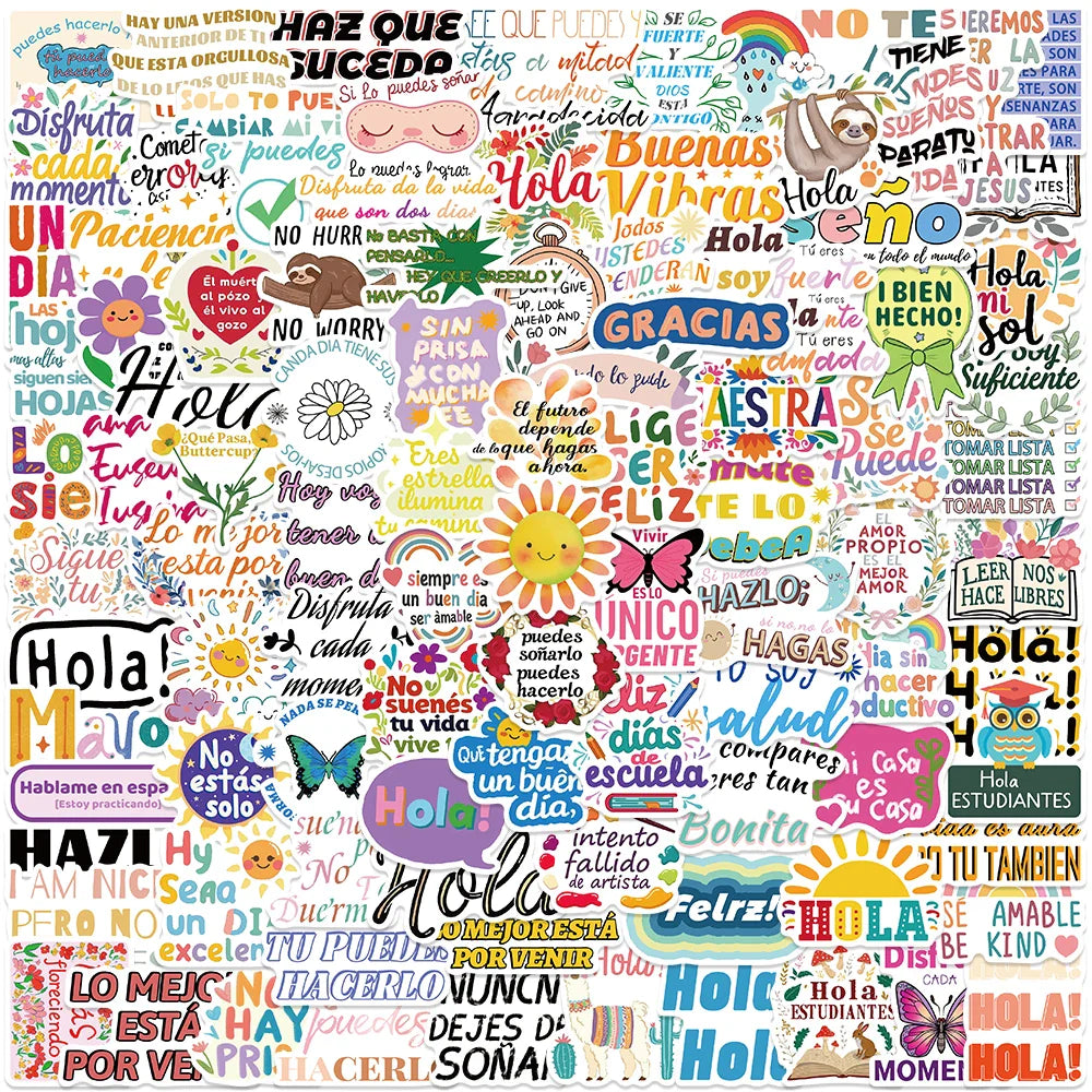 50/100pcs Funny Cartoon Spanish Motivational Phrases Stickers Positive Laptop Decals Luggage Guitar Phone Waterproof Graffiti (Online Order Only)