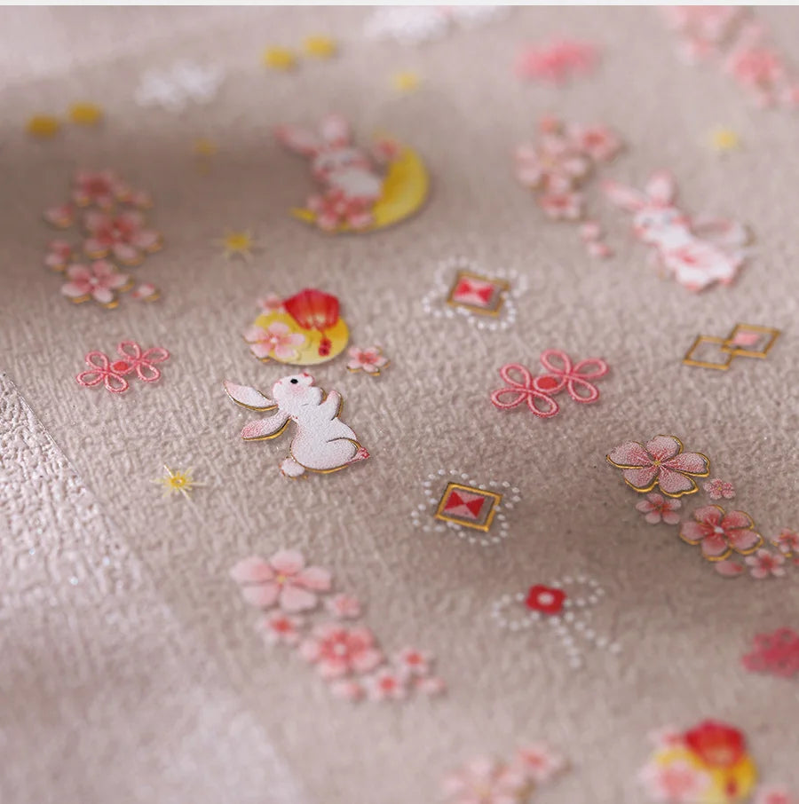 Rabbit Bunny Moon Flower Lantern Peach Blossom Star Bowknot Self Adhesive Nail Art Stickers Rhinestone Delicate Manicure Decals (ONLINE ORDER ONLY)