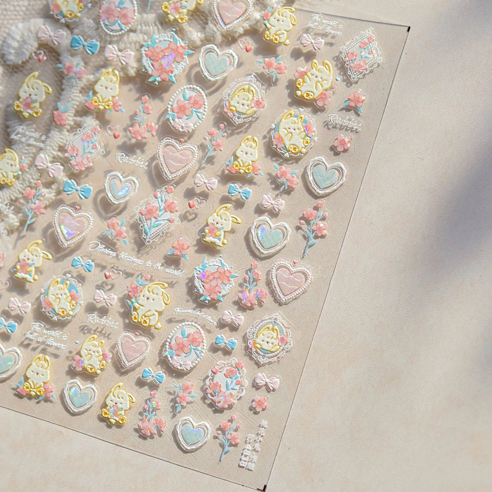 Peach Blossom Flower Yellow Rabbit Bunny Love Heart Delicate Totem 5D Self Adhesive Nail Art Stickers Rhinestone Manicure Decals (ONLINE ORDER ONLY)