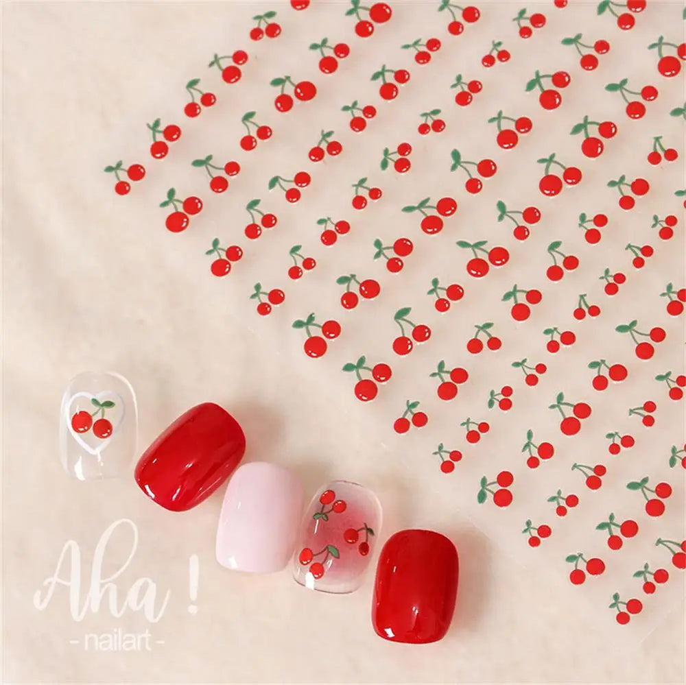 1Pc Sweet Cute Fresh Red Cherry Pattern Nail Stickers Self Adhesive Fruit Design Decals Women & Girls Homemade Manicure Supplies (ONLINE ORDER ONLY)