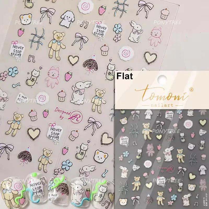 Cute Bear Star Dog Bowknot Love Heart Good Night Bone Bread Flower Self Adhesive Nail Art Decorations Stickers Manicure Decals (Online Order Only)