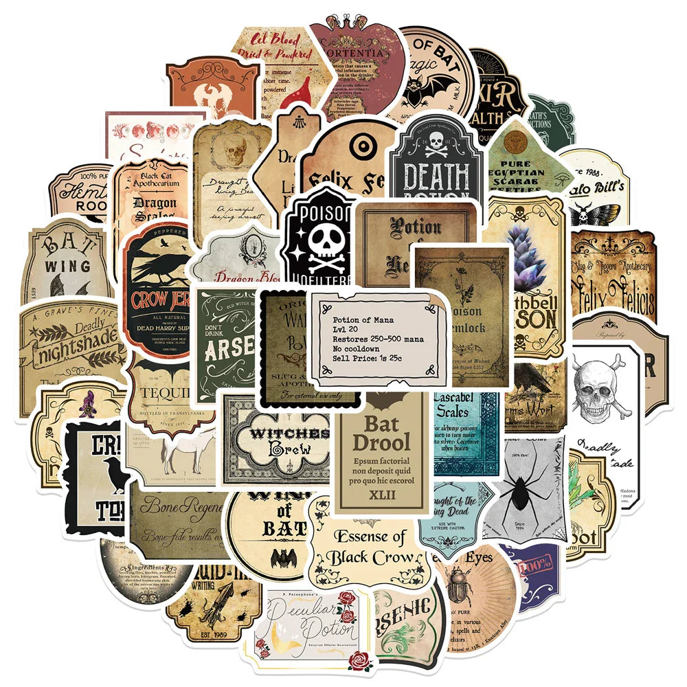 10/30/50pcs Funny Vintage Potion Label Graffiti Stickers Poster Skateboard Laptop Motorcycle Car Phone Waterproof Sticker Toy (ONLINE ORDER ONLY)