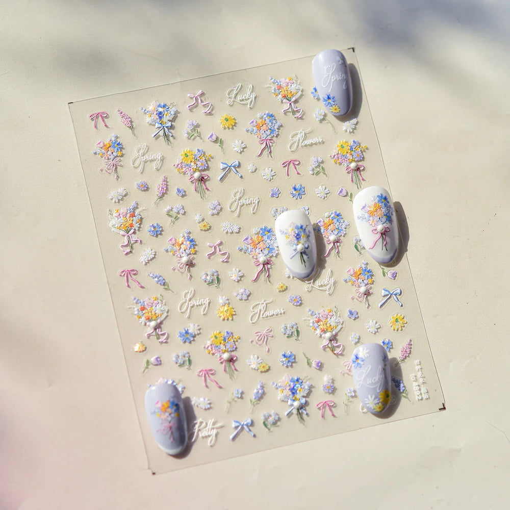 Colourful Field Bouquet Flower Spring Field Violet Daisy Bowknot Butterfly 5D Relief Adhesive Nail Art Stickers Manicure Decals (ONLINE ORDER ONLY)