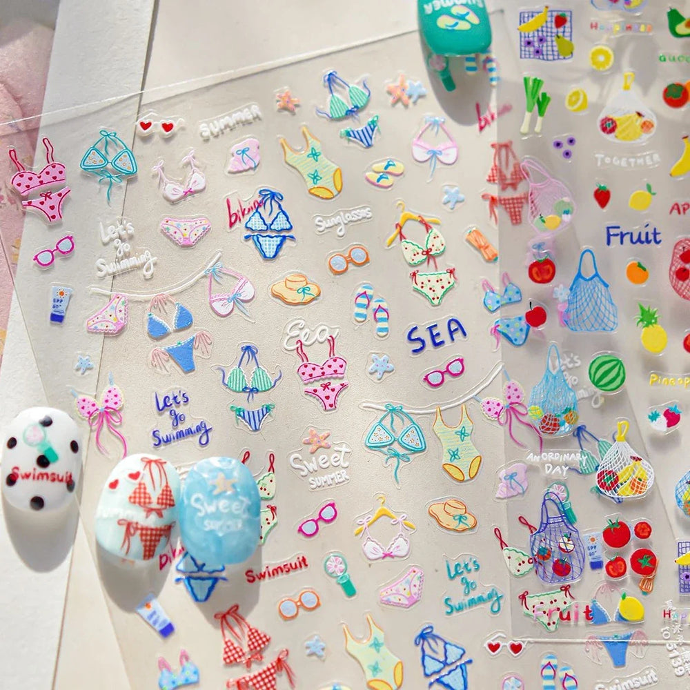 Colorful Swimsuit Bikini Fresh String Bag Vegetables Fruits Summer Beach Underwear Sunscreen Nail Art Stickers Manicure Decals (ONLINE ORDER ONLY)