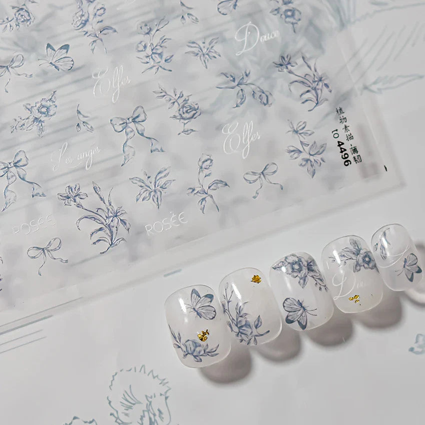 Brown Blue White Hand Drawn Sketch Plants Leaves Bowknot Butterfly Flowers Adhesive Nail Art Decoration Stickers Manicure Decals (Online Order Only)