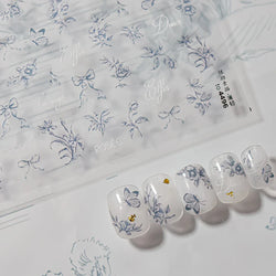 Brown Blue White Hand Drawn Sketch Plants Leaves Bowknot Butterfly Flowers Adhesive Nail Art Decoration Stickers Manicure Decals (Online Order Only)