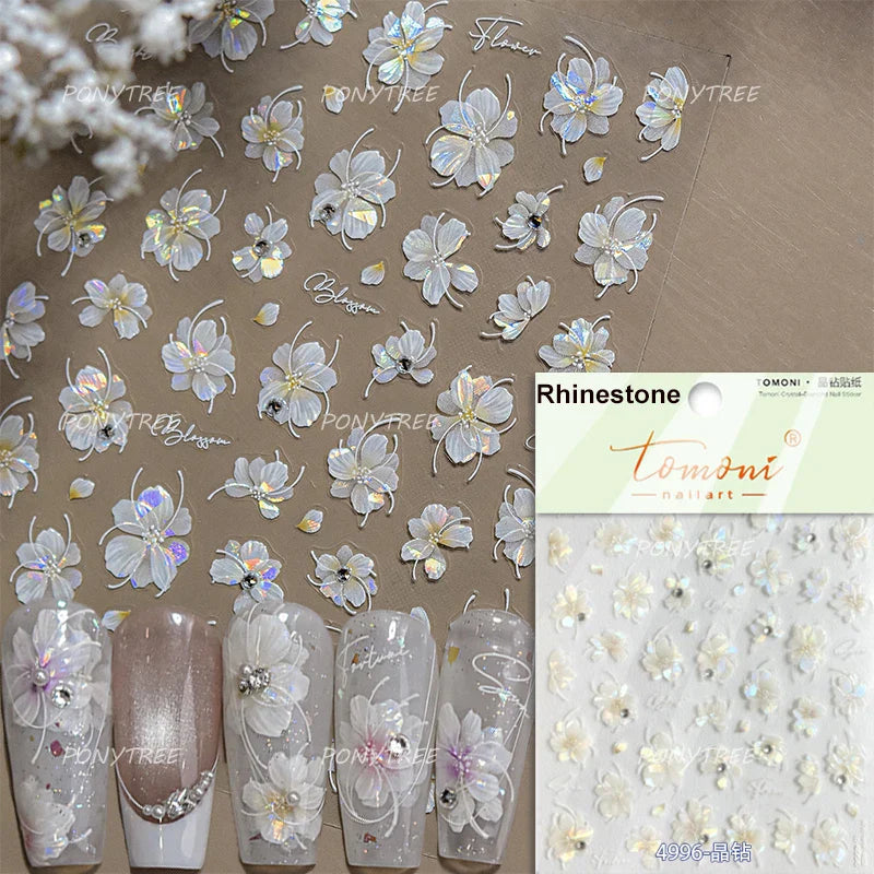 White Flower Colourful Butterfly Pearl Petal Beautiful Garden Charming Plant 5D Self Adhesive Nail Art Stickers Manicure Decals (ONLINE ORDER ONLY)
