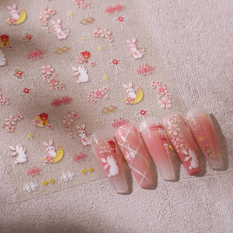 Rabbit Bunny Moon Flower Lantern Peach Blossom Star Bowknot Self Adhesive Nail Art Stickers Rhinestone Delicate Manicure Decals (ONLINE ORDER ONLY)